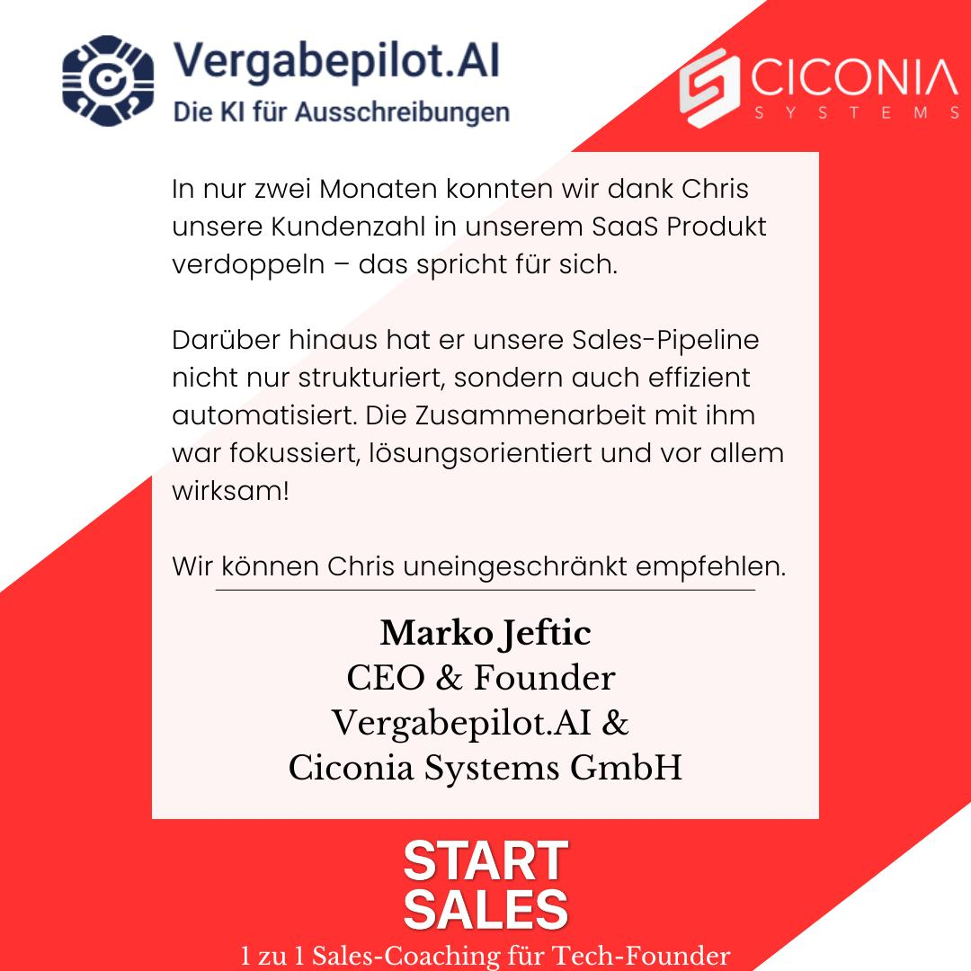 Kundenstimme von Marko Jeftic, CEO und Founder von VergabePilot.AI und Ciconia Systems